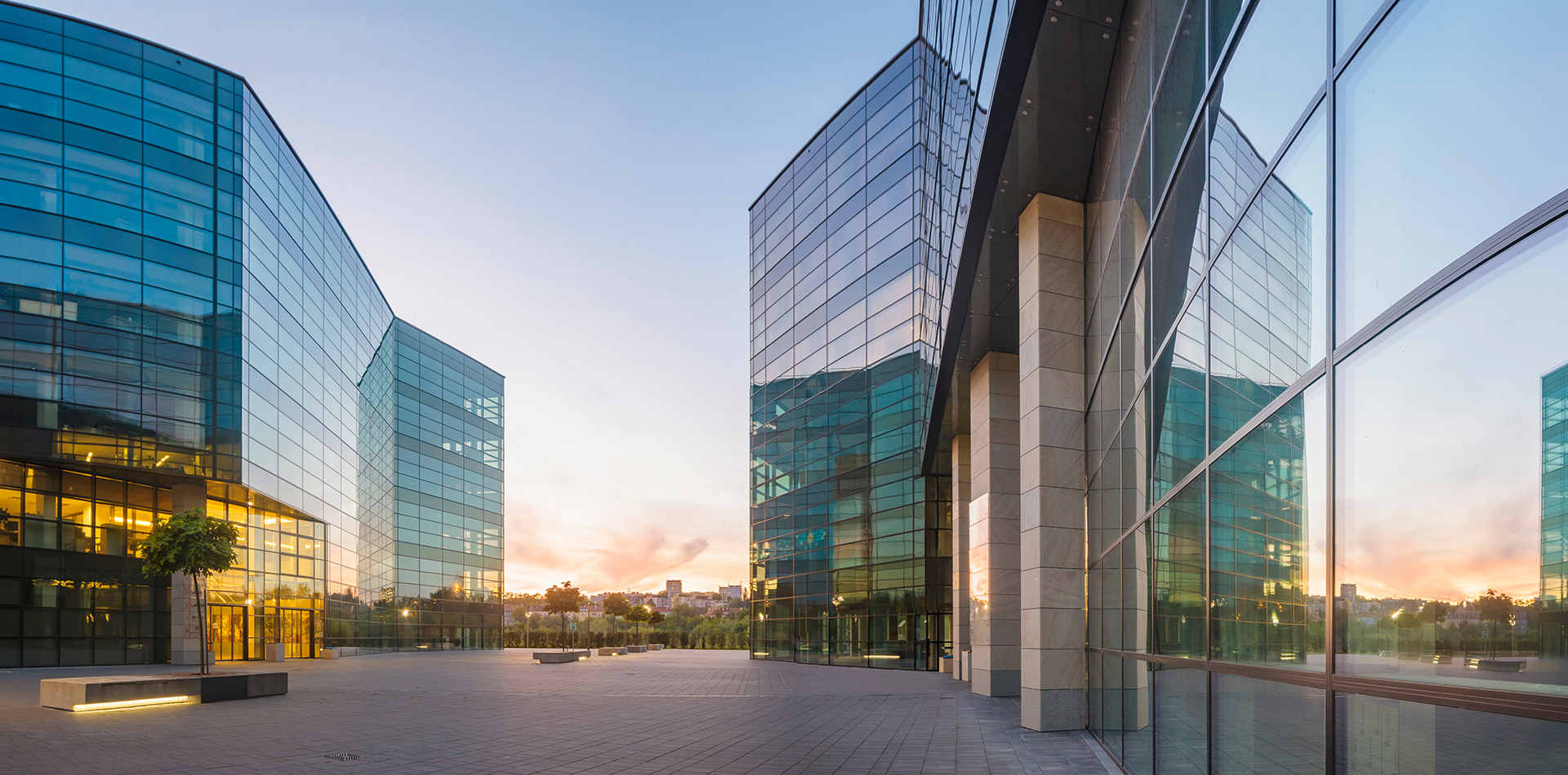 Modern office building at night